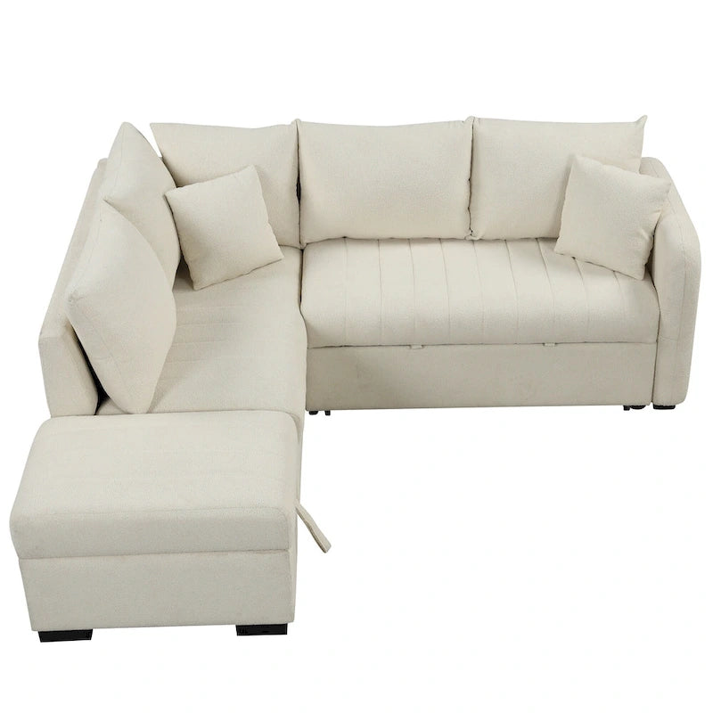 82.6 L-shaped Sectional Pull Out Sofa Bed Sleeper Sofa with Two USB Ports, Two Power Sockets and a Movable Storage Ottoman, Bei