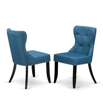 East West Furniture Kitchen Table Set- a Round Dining Table and Blue Linen Fabric Chairs, Wire brushed Black (Pieces Option)