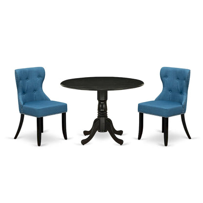 East West Furniture Kitchen Table Set- a Round Dining Table and Blue Linen Fabric Chairs, Wire brushed Black (Pieces Option)