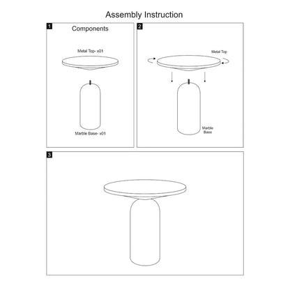 17 Inch Round Brass Modern Accent End Table with Cylindrical Marble Base, Brass, White