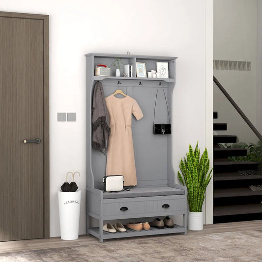HOMCOM Coat Rack and Bench Hall Tree Organizer with 4 Hooks, 2 Drawers with Padded Seat Cushions for Entryway, Gray