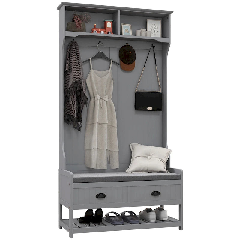 HOMCOM Coat Rack and Bench Hall Tree Organizer with 4 Hooks, 2 Drawers with Padded Seat Cushions for Entryway, Gray