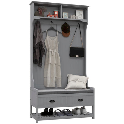 HOMCOM Coat Rack and Bench Hall Tree Organizer with 4 Hooks, 2 Drawers with Padded Seat Cushions for Entryway, Gray
