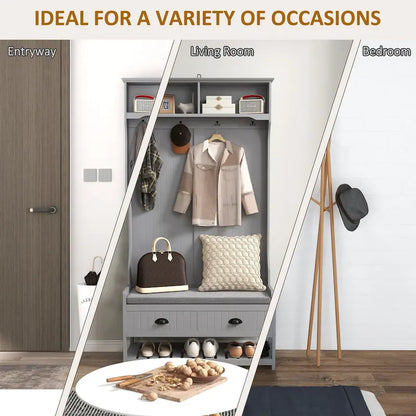 HOMCOM Coat Rack and Bench Hall Tree Organizer with 4 Hooks, 2 Drawers with Padded Seat Cushions for Entryway, Gray