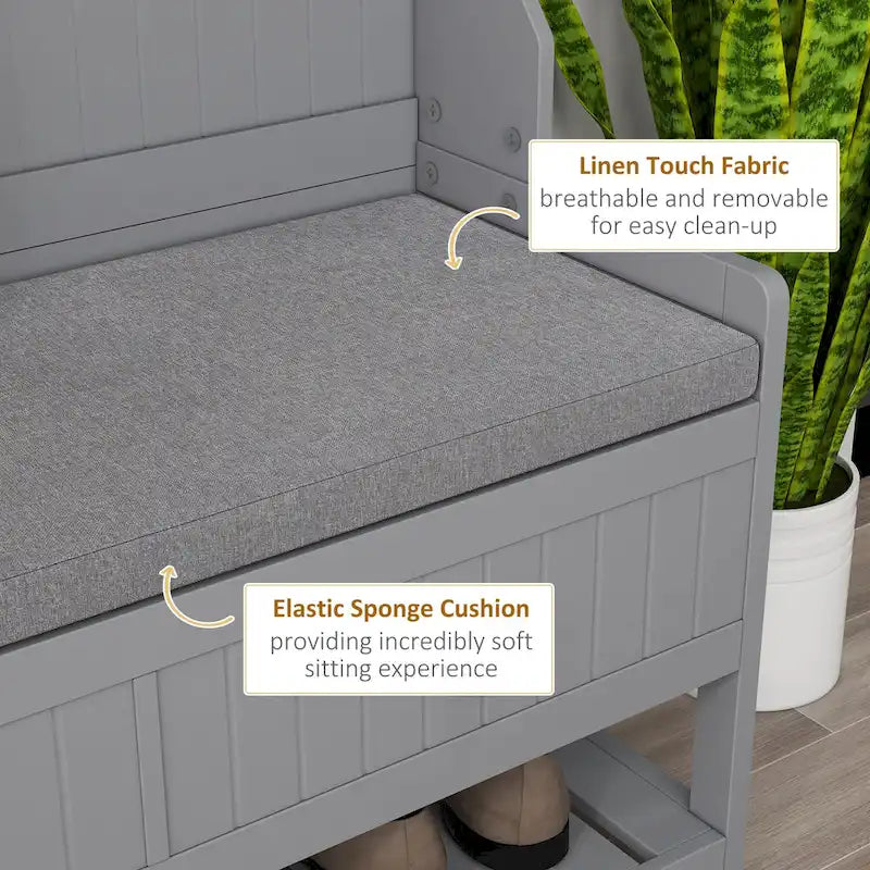 HOMCOM Coat Rack and Bench Hall Tree Organizer with 4 Hooks, 2 Drawers with Padded Seat Cushions for Entryway, Gray