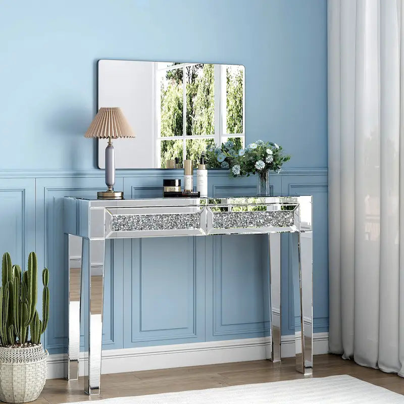 Glam Mirrored 2 Drawer Desk Console Table - 29.92 H X 39.37 W X 13.78 D