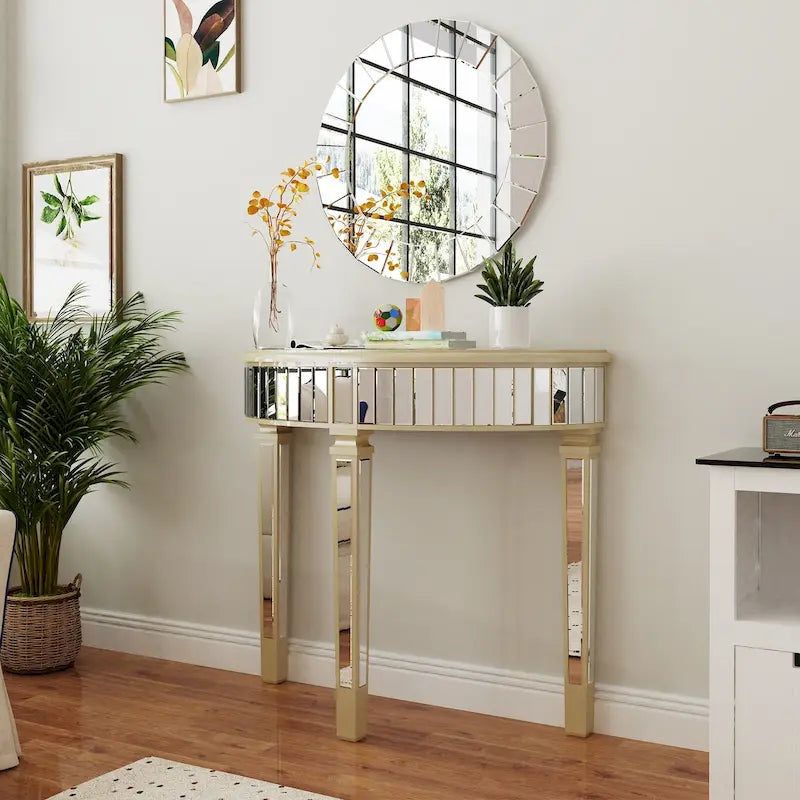 Silver Mirrored Half Moon Console Table Sofa Table - 35.4x31.6 inch