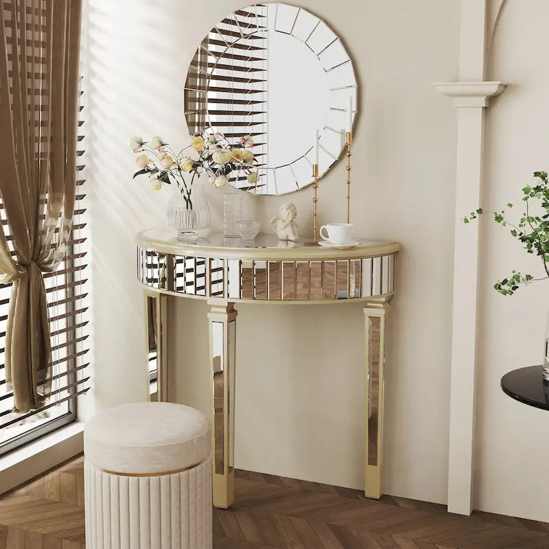 Silver Mirrored Half Moon Console Table Sofa Table - 35.4x31.6 inch