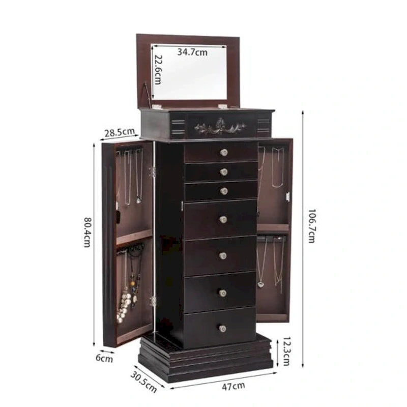 Stylish Jewelry Armoire with Mirror and Necklace Hooks - 18.5 x 12 x 42