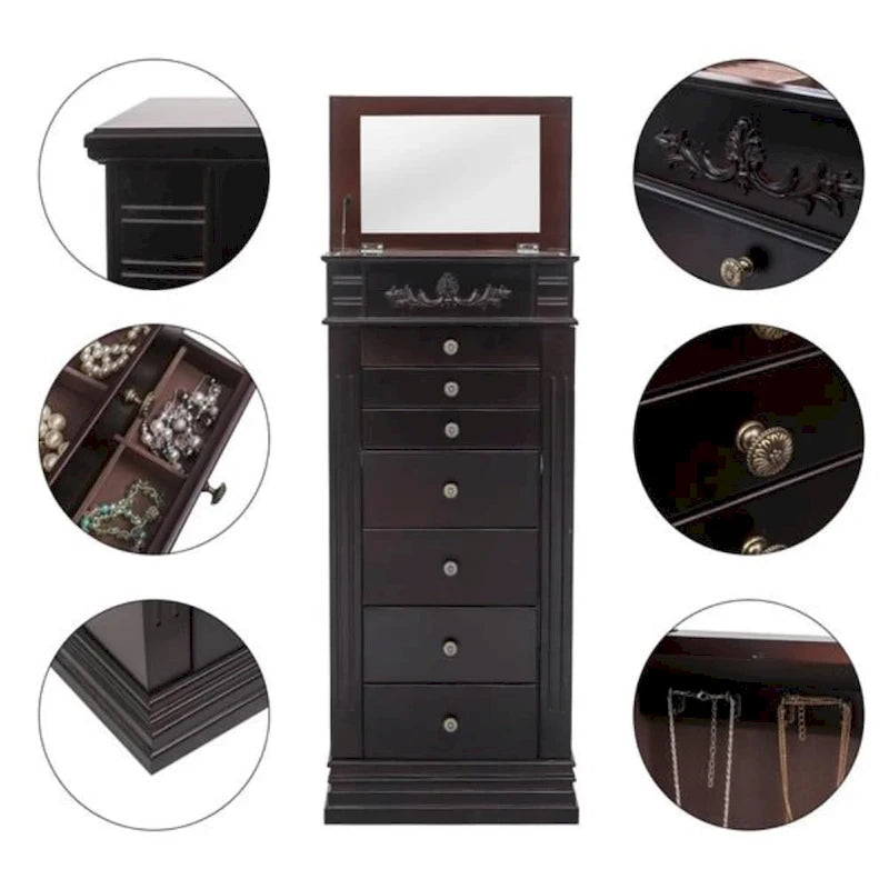 Stylish Jewelry Armoire with Mirror and Necklace Hooks - 18.5 x 12 x 42