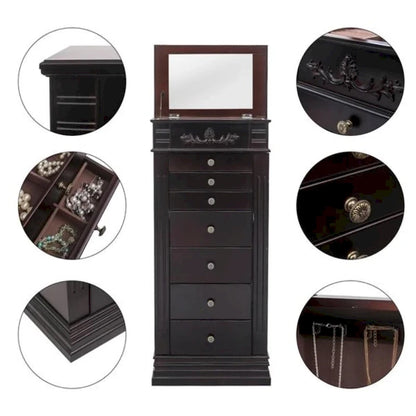 Stylish Jewelry Armoire with Mirror and Necklace Hooks - 18.5 x 12 x 42