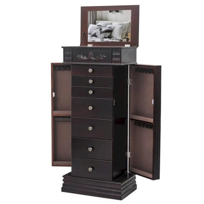 Stylish Jewelry Armoire with Mirror and Necklace Hooks - 18.5 x 12 x 42