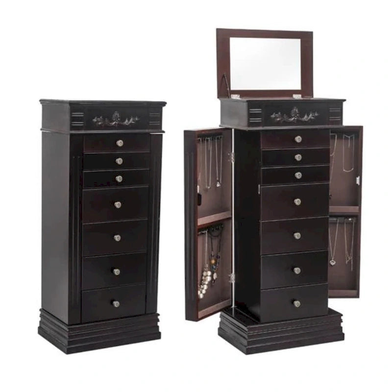 Stylish Jewelry Armoire with Mirror and Necklace Hooks - 18.5 x 12 x 42