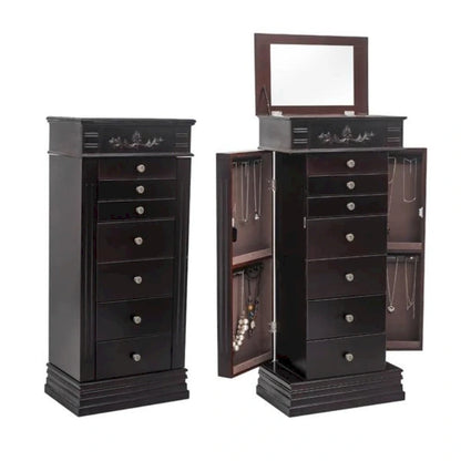 Stylish Jewelry Armoire with Mirror and Necklace Hooks - 18.5 x 12 x 42