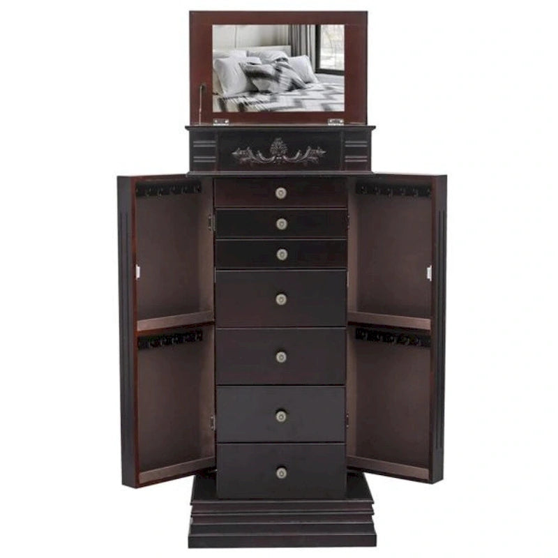 Stylish Jewelry Armoire with Mirror and Necklace Hooks - 18.5 x 12 x 42