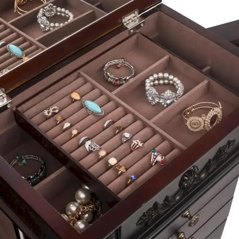 Stylish Jewelry Armoire with Mirror and Necklace Hooks - 18.5 x 12 x 42