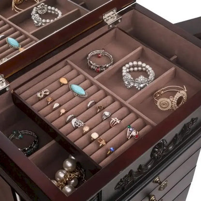 Stylish Jewelry Armoire with Mirror and Necklace Hooks - 18.5 x 12 x 42