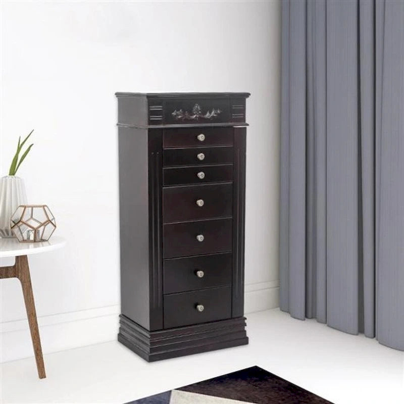 Stylish Jewelry Armoire with Mirror and Necklace Hooks - 18.5 x 12 x 42