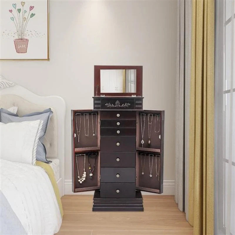 Stylish Jewelry Armoire with Mirror and Necklace Hooks - 18.5 x 12 x 42