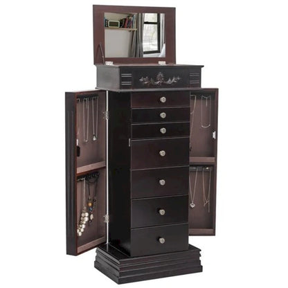 Stylish Jewelry Armoire with Mirror and Necklace Hooks - 18.5 x 12 x 42