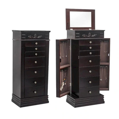 Stylish Jewelry Armoire with Mirror and Necklace Hooks - 18.5 x 12 x 42