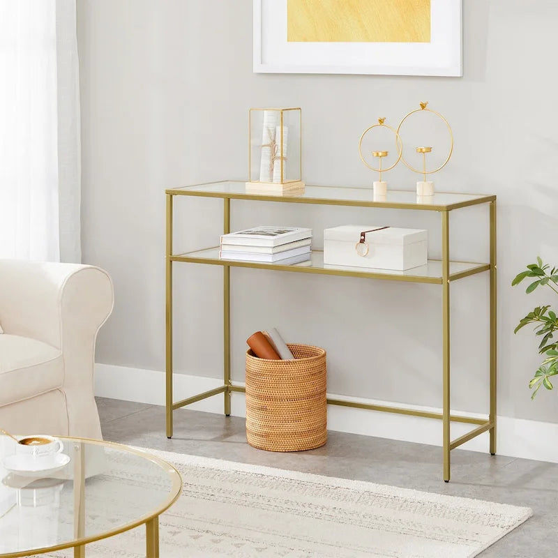 Golden Tempered Glass Top Consol Table with Metal Frame and 2 Shelves - 39.4L x 13.8W x 31.5H