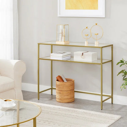 Golden Tempered Glass Top Consol Table with Metal Frame and 2 Shelves - 39.4L x 13.8W x 31.5H