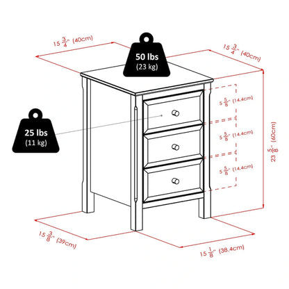 Black Wooden Nightstand Accent Table with 3 Spacious Storage Drawers - 15.75L x 15.75W x 23.63H