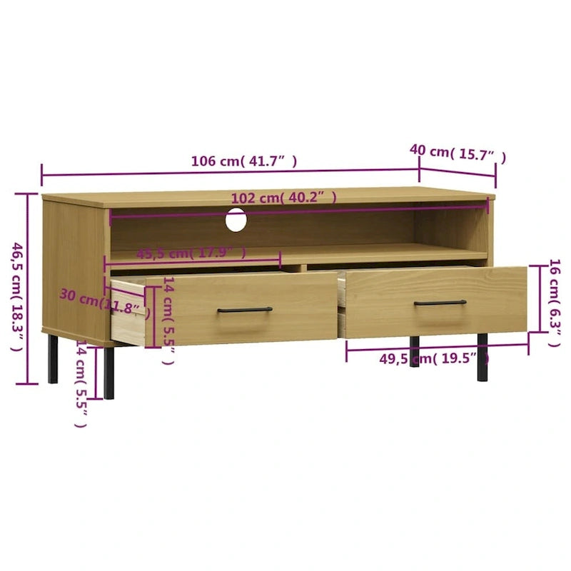 vidaXL TV Stand TV Console TV Console with Metal Legs Solid Wood Pine OSLO - 41.7 x 15.7 x 18.3