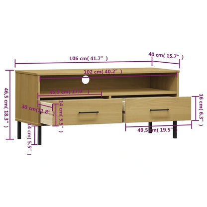vidaXL TV Stand TV Console TV Console with Metal Legs Solid Wood Pine OSLO - 41.7 x 15.7 x 18.3