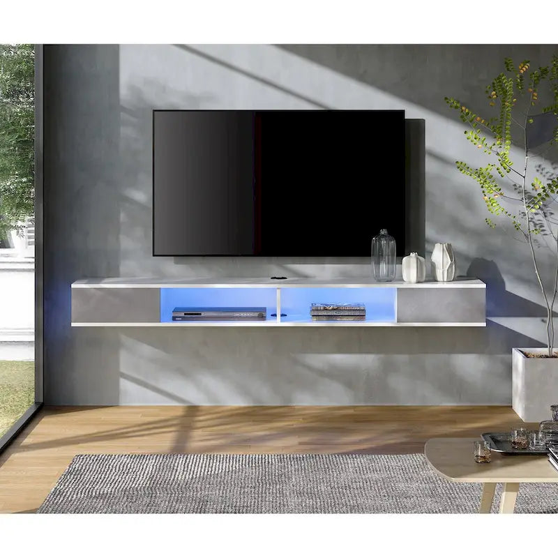WAMPAT 70 Floating TV Stand Wall Mounted, Floating Entertainment Center for Living Room Bedroom, White&Grey