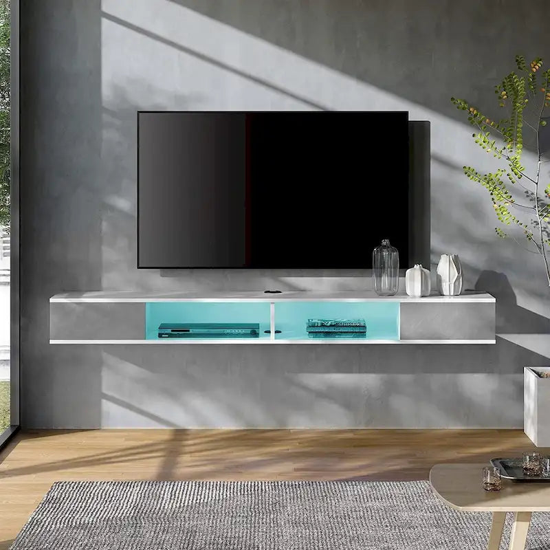 WAMPAT 70 Floating TV Stand Wall Mounted, Floating Entertainment Center for Living Room Bedroom, White&Grey