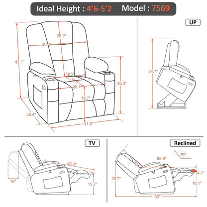MCombo Small Power Lift Recliner Chair with Massage and Heat for Short Elderly People, Faux Leather 7569