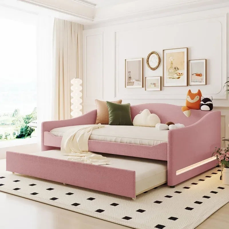 Teddy Fleece Full Size Upholstered Daybed with LED Light and Trundle