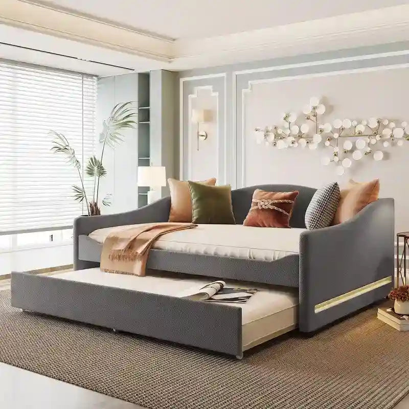 Teddy Fleece Full Size Upholstered Daybed with LED Light and Trundle