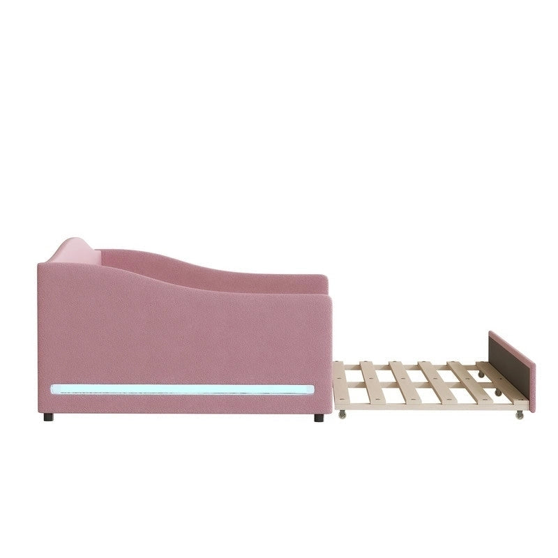Teddy Fleece Full Size Upholstered Daybed with LED Light and Trundle