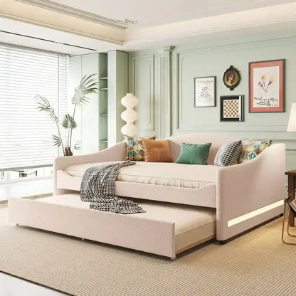 Teddy Fleece Full Size Upholstered Daybed with LED Light and Trundle