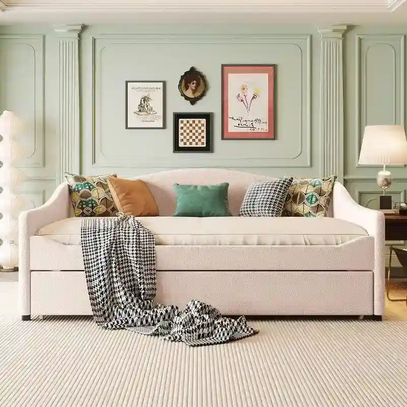Teddy Fleece Full Size Upholstered Daybed with LED Light and Trundle