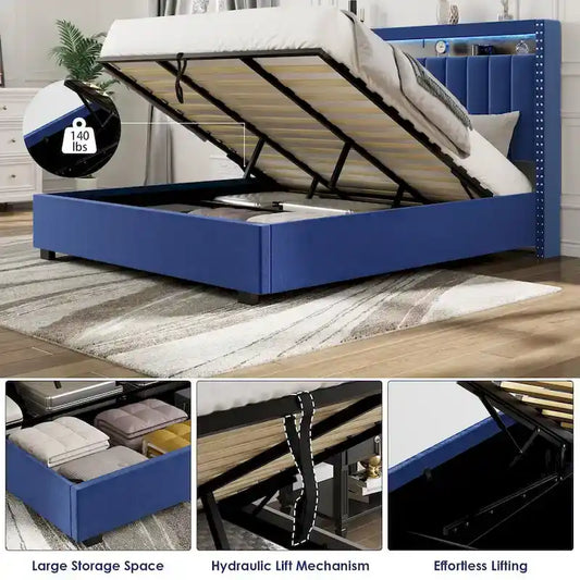 King Size Gas Lift Storage Bed with RF LED Lights, Storage Headboard, King Size Velvet