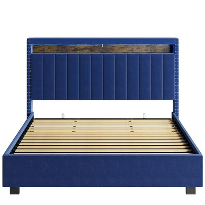 King Size Gas Lift Storage Bed with RF LED Lights, Storage Headboard, King Size Velvet