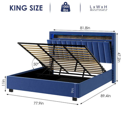 King Size Gas Lift Storage Bed with RF LED Lights, Storage Headboard, King Size Velvet