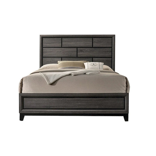 Mazie Queen Bed, Brick Style Headboard, Black Tapered Legs, Oak Gray Wood