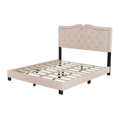 Queen Size Upholstered Bed Frame with Rivet Design, Modern Velvet Platform Bed with Tufted Headboard