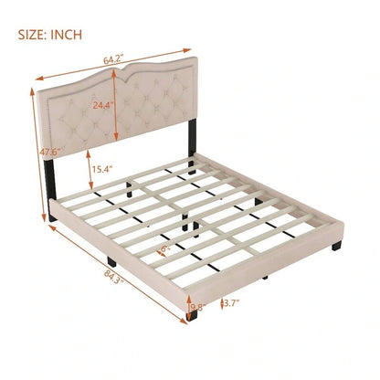 Queen Size Upholstered Bed Frame with Rivet Design, Modern Velvet Platform Bed with Tufted Headboard