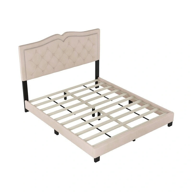 Queen Size Upholstered Bed Frame with Rivet Design, Modern Velvet Platform Bed with Tufted Headboard