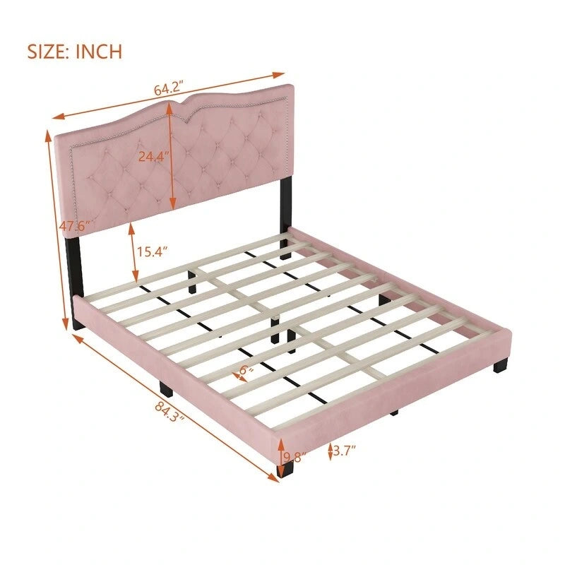 Queen Size Upholstered Bed Frame with Rivet Design, Modern Velvet Platform Bed with Tufted Headboard