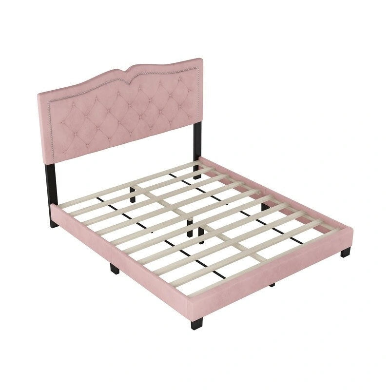Queen Size Upholstered Bed Frame with Rivet Design, Modern Velvet Platform Bed with Tufted Headboard