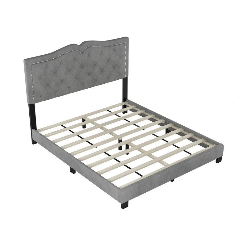 Queen Size Upholstered Bed Frame with Rivet Design, Modern Velvet Platform Bed with Tufted Headboard