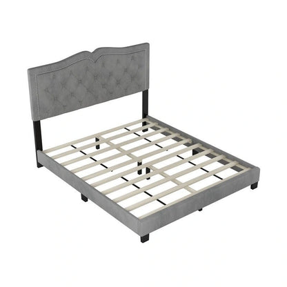 Queen Size Upholstered Bed Frame with Rivet Design, Modern Velvet Platform Bed with Tufted Headboard