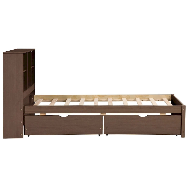 Modern Twin Size Bed Frame With Built-in USB Port on Bookcase Headboard and 2 Drawers for bedRoom, Living Room